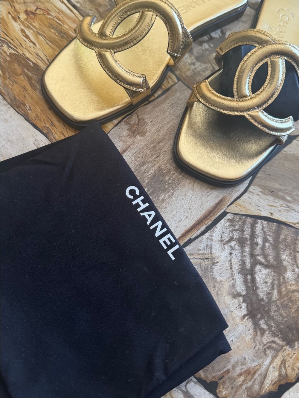 CHANEL Gold Metallic Interlocking CC Slide Sandals